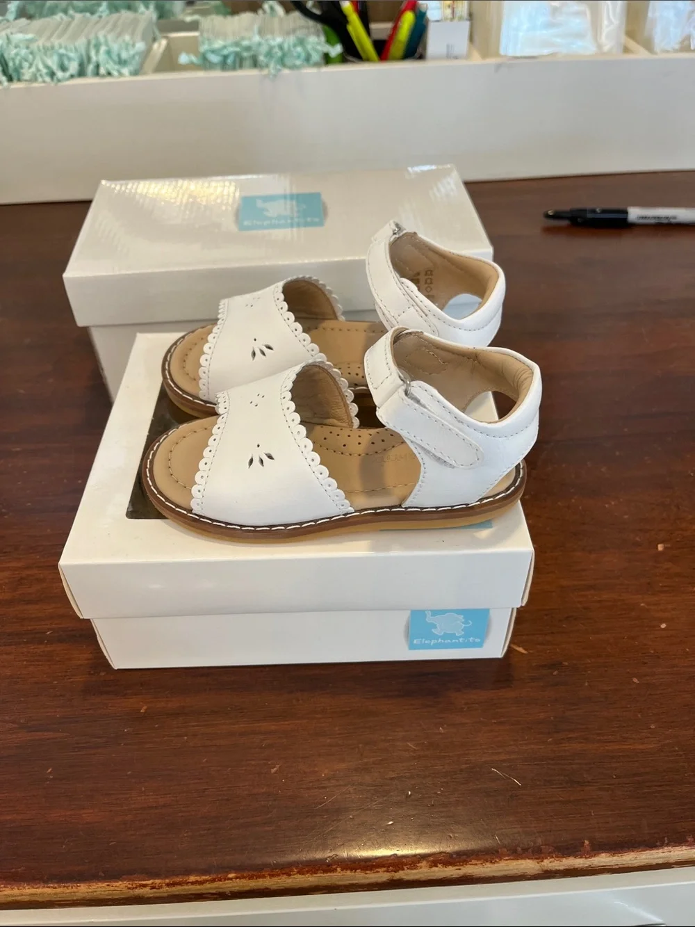 Elephantito White Girls' Leather Sandals with Scalloped Trim